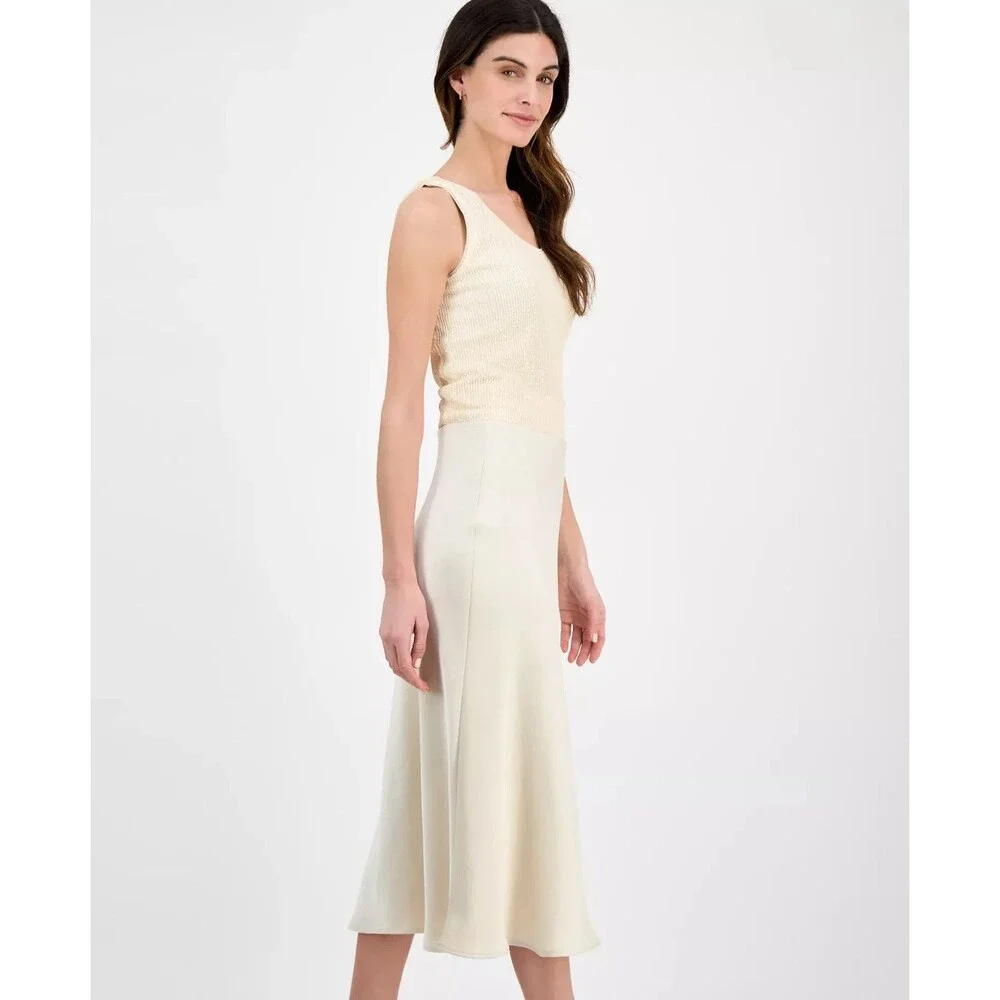 Anne Klein Women's Flared Pull-On Midi Skirt Flowy Lightweight Champagne Size M